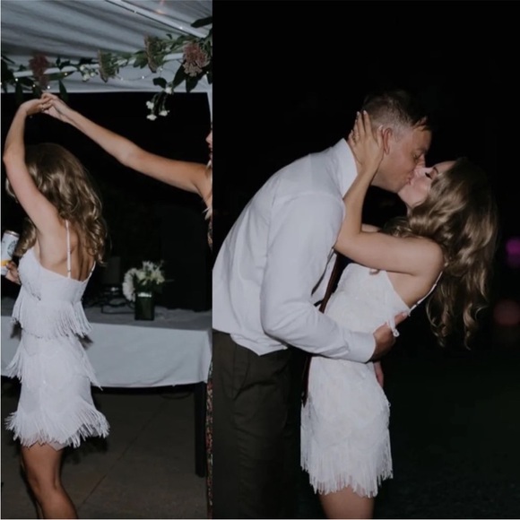 White and Beige Sequin Fringe Flapper Mini Dress 🌿 - Picture 13 of 16